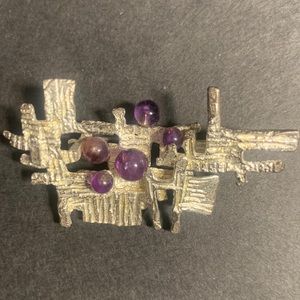 BRUTALIST MODERNIST ABSTRACT STERLING BROOCH AMETHYST BALLS